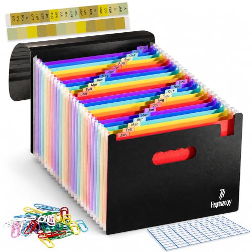 26 Pockets Plastic Accordion File Organizer, Expanding File Folder Organizer, A4 Letter Size Filing Organizer with Colorful Tabs, Elastic Cord, 60 Paper Clip, Label & Stickers for Office School Home - color: Black