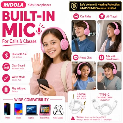 MIDOLA Kids Bluetooth Headphones 68H Play Time,Volume Limit 85/94dB, Foldable Lightweight Wireless Over-Ear Headphone for Kid Toddler Child Pad Tablet,Headsets with Built-in Mic Pink - color: Pink