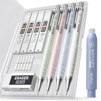 Nicpro Cute Mechanical Pencil Set, 4PCS 0.5 & 0.7 mm Pastel Drafting Pencils with 4 Tube HB Lead Refills, 4B Erasers, Rotary Retractable Eraser, Eraser Refill for Writing Sketching School Supplies - style: 0.5mm+0.7mm