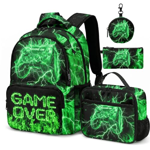 Game Backpack Set for Boys Kids – 17" Large Capacity Gaming School Bag with Lunch Box, Pencil Bag and Coin Purse (Green) - color: Green-1