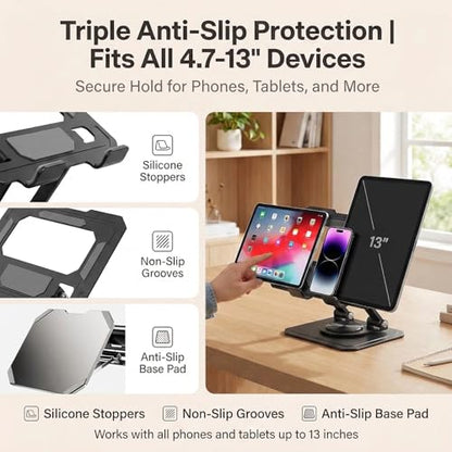 CTESNE【360°Rotation】iPad Stand for Desk【Foldable & Portable】【Carbon Steel Heavy-Duty Base】Adjustable Tablet Stand, Phone & Tablet Holder (Black)