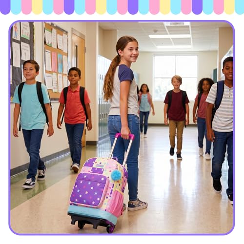 Rolling Backpack for Girls,Lightweight Kids Backpack with Wheels for School and Travel,Large Capacity Trolley Backpack for Elementary Students - color: Purple Pink Star