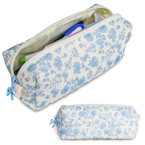 Cute Quilted Pencil Case for Girls Women, Aesthetic Small Floral Pencil Pouch,Slim Soft Pencil Bag for School Supplies Makeup Pouch for School & Daily Use (blue floral) - color: blue floral