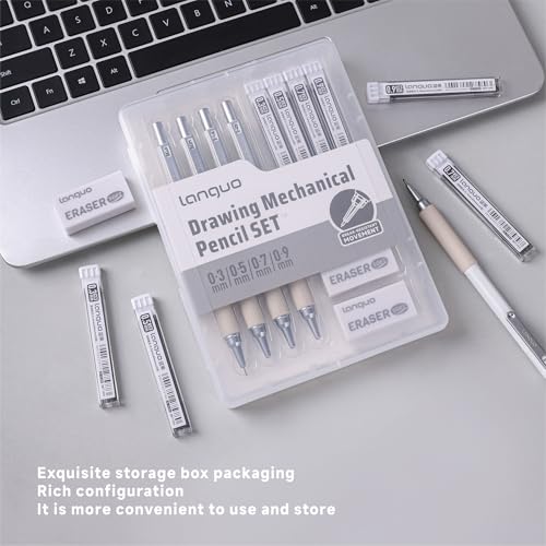 languo Mechanical Pencil Set with Case, 4PCS Drafting Pencils 0.3mm 0.5mm 0.7mm 0.9mm – 4 Tubes HB & 2B Lead Refills, 3 Erasers, Mechanical Pencil Kit for Writing & Drawing - style: 0.3mm + 0.5mm + 0.7mm + 0.9mm