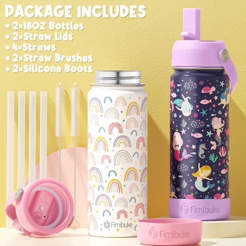 Fimibuke Kids Insulated Water Bottle, 18oz BPA FREE Kids Cups with Straw Double Wall Vacuum Tumbler 18/8 Stainless Steel Leak Proof Toddler Water Bottle for School Boys Girls (2 Pack, Dinosaur/Shark) - color: A6. Dinosaur/Shark