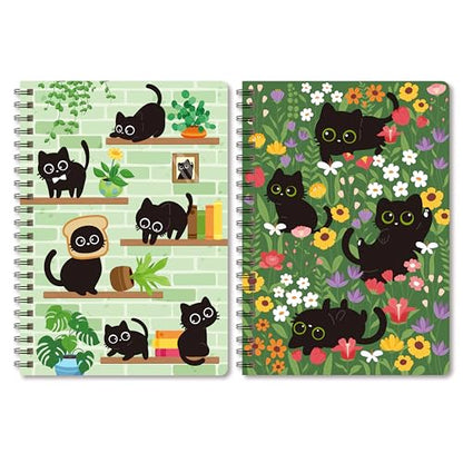 Black Cat Floral A5 Spiral Notebooks, 2Pcs 50 Sheets 100Pages Cute Spiral Travel Journal Notebook Cats Lovers Gifts Writing Notebook Sticky Notes Diary Journal for Student Teacher Classroom Office