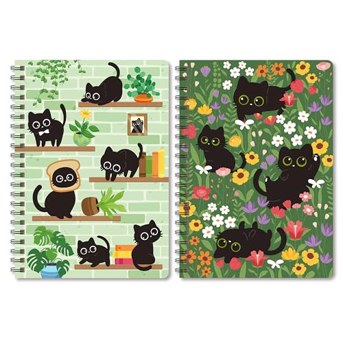 Black Cat Floral A5 Spiral Notebooks, 2Pcs 50 Sheets 100Pages Cute Spiral Travel Journal Notebook Cats Lovers Gifts Writing Notebook Sticky Notes Diary Journal for Student Teacher Classroom Office