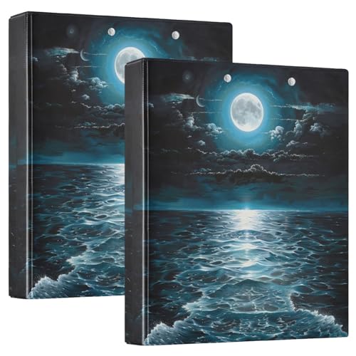 Silent Moon Night Sea Wave Landscape 3 Ring Binder 1.5" Decorative D-Ring Binder with Clipboard&3 Clear Pockets, Holds 200 Sheets A4 Size Paper Waterproof Binders for School Home Office|2 Pack - color: Moon Night Sea Wave, size: 12.4x10.63x2.36 Inch-2 Pac