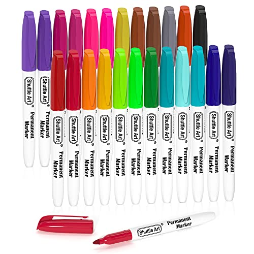 Shuttle Art Permanent Markers, 24 Colors Fine Point Assorted Colors Permanent Marker Set, Works on Plastic,Wood,Stone,Metal and Glass for Doodling, Coloring, Marking - color: 24 Colors