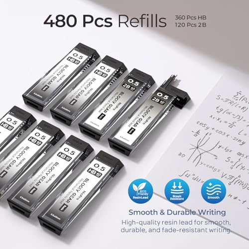 Nicpro 3 Pack Blocky Gear 0.5 mm Metal Mechanical Pencils Set with Case, Lead Drafting Pencil with 8 Tube (480PCS) Lead Refills(HB 2B), 4 Erasers, 18 Eraser Refills for Art Writing, Sketching Drawing - style: 0.5mm