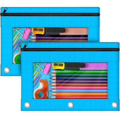 Pencil Pouch for 3 Ring Binder, 2 Pack Pencil Bags with Zipper, Sky Blue Pencil Case for Classroom School Office Supplies, Large Sturdy and Durable Cloth Pencil Pocket for 3 Holder Binder - color: Sky Blue