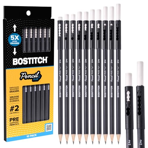 Bostitch, Wood-Cased Pencil Plus, Retractable Eraser, American Cedar Wood, #2 HB, Round, Matte Black, Pre-sharpened, Ten Pack - size: Ten Pack
