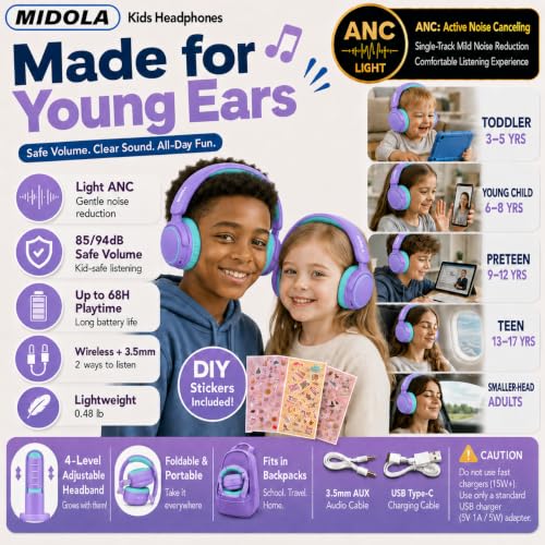 MIDOLA Active Noise Cancelling Kids Bluetooth Headphones,68H Play Time,Lightweight Wireless Foldable Over-Ear Headphone for Kid Toddler,Volume Limited 85/94dB,Headsets with Built-in Mic Purple - color: Purple