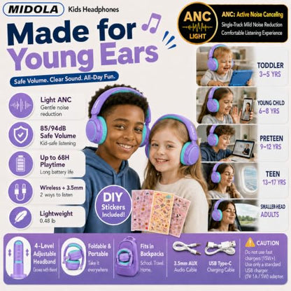 MIDOLA Active Noise Cancelling Kids Bluetooth Headphones,68H Play Time,Lightweight Wireless Foldable Over-Ear Headphone for Kid Toddler,Volume Limited 85/94dB,Headsets with Built-in Mic Purple - color: Purple