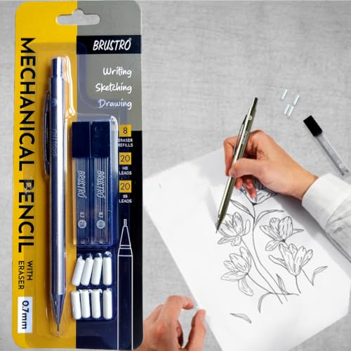 BRUSTRO Mechanical Pencil Metal with Eraser 0.7mm Writing/Sketching/Drawing Spare leads HB-20 units. 2B-20 units Spare eraser- 8 units