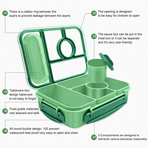 Amathley Bento Box Adult Lunch Box Kids,Lunch Containers for Adults/Kids/Toddler,5 Compartments Bento Lunch Box with Sauce Vontainers,Microwave & Dishwasher & Freezer Safe,BPA-Free (Green) - color: Green