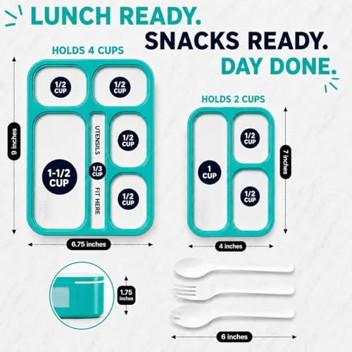 Bento Lunch-Box Set for Kids includes Snack Container | 6 and 3 Compartment Boxes Leakproof School Bentos or Meal Portion Control Containers BPA Free, Boys Girls Adults, Teal Large + MINI 2 pack - color: Teal-Blue Green Large + MINI 2 Pack