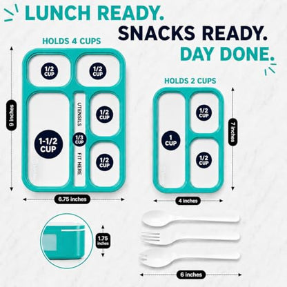 Bento Lunch-Box Set for Kids includes Snack Container | 6 and 3 Compartment Boxes Leakproof School Bentos or Meal Portion Control Containers BPA Free, Boys Girls Adults, Teal Large + MINI 2 pack - color: Teal-Blue Green Large + MINI 2 Pack