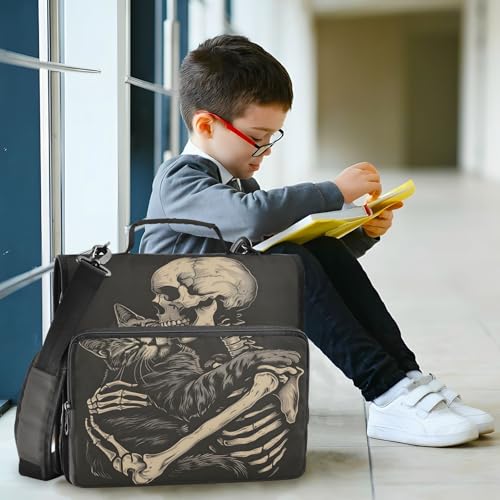 3 Ring Zipper Binder with Shoulder Strap Black Skulls Cats Gothic Style Binder Bag - color: Multicolored 06