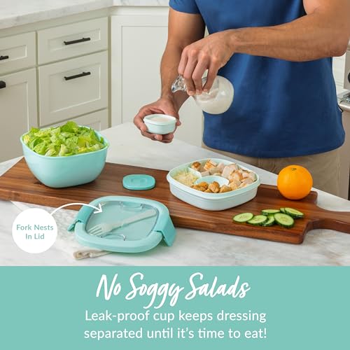 Bentgo Salad Container - 54 oz Bowl with 4-Compartment Toppings Tray, Leak-Proof Dressing Container, Reusable Fork, BPA-Free Lunch Box for Meal Prep & Food Storage; Removable Bento Tray (Coastal Aqua) - color: Coastal Aqua