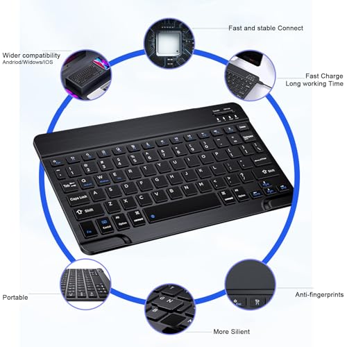 Bluetooth Keyboard Compatible with iPad 10th Generation, Rechargeable Portable 10 inch Wireless Keyboard for iPhone, iPad mini, Samsung Tablets Keyboards Ultra-Slim, Travel Office Computer Accessories - color: Black