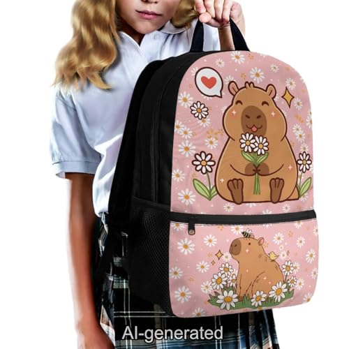 Kawaii Capybara 5 Piece School Bag Set for Kids with Lunch Bag Pencil Case and Water Bottle Carrier Backpack for Elementary School and Travel - color: Kawaii Capybara