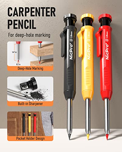Nicpro 10 Pack Carpenter Pencils Mechanical, Construction Pencils with 21 Refill, Automatic Center Punch and Carbide Scribe Tool, Mechanical Pencil for Woodworking, Best Carpenters Marking Tool - style: 10 Pack