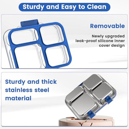 Stainless Steel Bento Box for Kids Adults with Silicone Container, Leak Proof 4 Compartments Metal Lunch Box, Removable Silicone Seal & Clear Lid Food Container for School Office, BPA-Free(Blue) - color: Blue