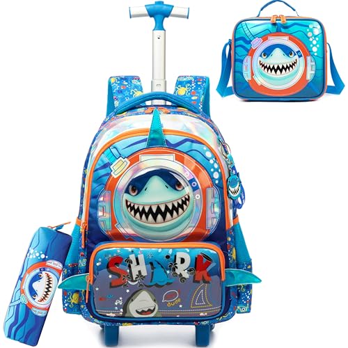 Kids Rolling Backpack with Wheels for Boys Elementary Students Kids Shark Travel Luggage Carry on School Backpack for Boys Ages 6-8 - color: 01 Shark