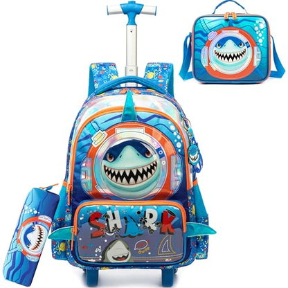 Kids Rolling Backpack with Wheels for Boys Elementary Students Kids Shark Travel Luggage Carry on School Backpack for Boys Ages 6-8 - color: 01 Shark
