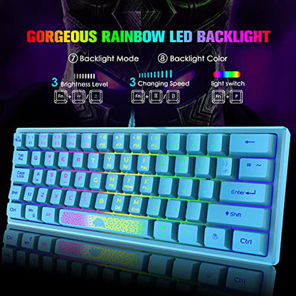 Gaming Keyboard and Mouse Combo Mini Portable with Chroma RGB Backlit Ergonomic 62Key Layout 19Key Anti-ghosting Mechanical Feel 3200DPI Honeycomb Mice USB Wired for PC Mac Gamer Laptop Typists(Blue)