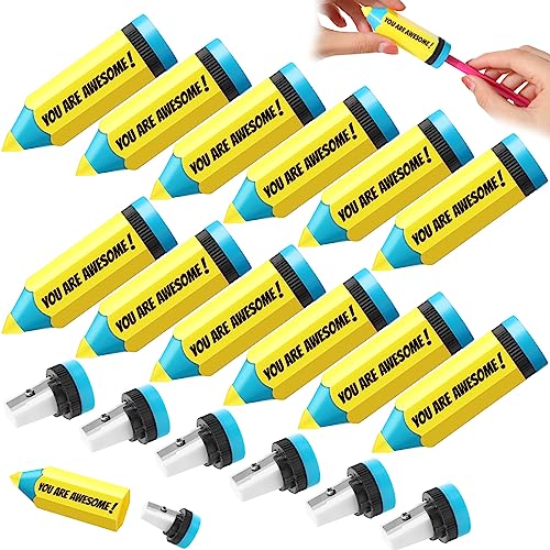 Ctosree 50 Pcs Pencils Shaped Sharpeners Bulk You Are Awesome Manual Colored Portable Sharpener with Lid