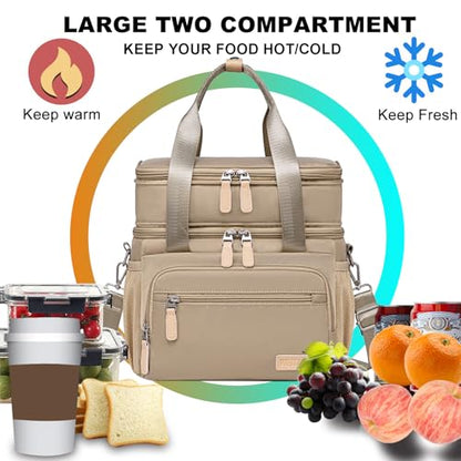 Weitars Insulated Lunch Box for Women Men-Dual Compartment Waterproof Reusable Large Lunch Bag Wide-Open Tote Cooler Bag For Working Picnic Hiking (15L) (Kahki) - color: Kahki