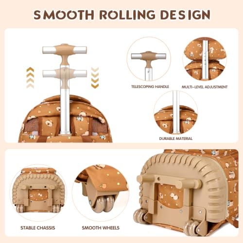 Rolling Backpack for Girls Boys, 3PCS Roller School Backpacks for Girls with Lunch Bag and Pencil Pouch, Kids Bookbag School Bag with Wheels for Kindergarten Elementary Middle School Travel - color: Brown