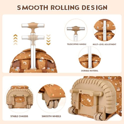 Rolling Backpack for Girls Boys, 3PCS Roller School Backpacks for Girls with Lunch Bag and Pencil Pouch, Kids Bookbag School Bag with Wheels for Kindergarten Elementary Middle School Travel - color: Brown