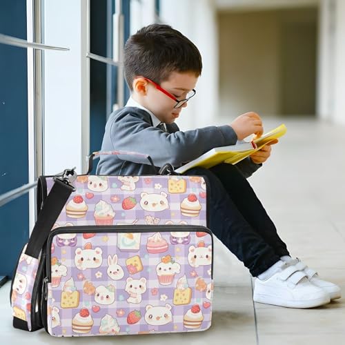 Kawaii Cartoon Zipper Binder 3 Ring Binder 1.5 Inch with Zippers Shoulder Strap & Handle Binders Organizer Bag - color: Blue Plaid