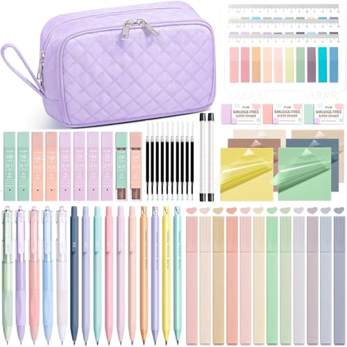 62PCS Aesthetic Back to School Supplies w/ Cute Pencil Case Stationary Set | Pastel Highlighters Black Ink Gel Pens Mechanical Pencils College Essentials, Preppy School Supplies for Student Girls Women - color: Purple