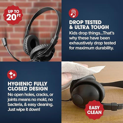 SENTRY Bulk 8 Pack Rugged School Headphones, 3.5 mm Jack with Boom Mic Connection, Durable for Kids, Students, Teachers, Classrooms, Braided Cable, for Online Learning
