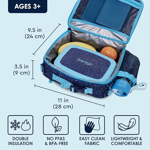 Bentgo Kids Lunch Bag - Double-Insulated, Reusable Lunch Bag for Kids 3+ with Adjustable Strap; Holds Lunch Box/Water Bottle/Snacks; Easy-Clean, Water-Resistant & Pockets (Confetti - Abyss Blue) - color: Confetti Edition - Abyss Blue