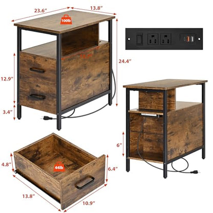 Livofloral Side Tables with Charging Station, Narrow End Table with 2 Wooden Drawers, USB Ports and Power Outlets, Narrow Nightstand and Bedside Table, Side Tables Living Room, Bedroom, Brown - color: Brown