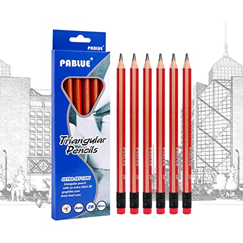 Triangular Jumbo Pencils, 2B Pre-Sharpened with Eraser, Red, 6 Pcs | Fat, Thick, Strong Wood Triangular Design for Beginners for Writing, Drawing, School, Art, Sketching and Shading - color: Red, style: 2B Lead