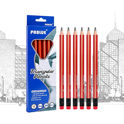Triangular Jumbo Pencils, 2B Pre-Sharpened with Eraser, Red, 6 Pcs | Fat, Thick, Strong Wood Triangular Design for Beginners for Writing, Drawing, School, Art, Sketching and Shading - color: Red, style: 2B Lead