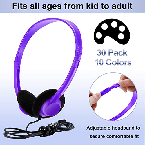 Yunsailing 30 Pack Bulk Headphones Set Over Ear Headphones with Adjustable Headband 3.5mm Plug Headsets Earphones for Learning Program, Computer Lab, Library, Testing & Multimedia Use (Multicolor) - color: Multicolor