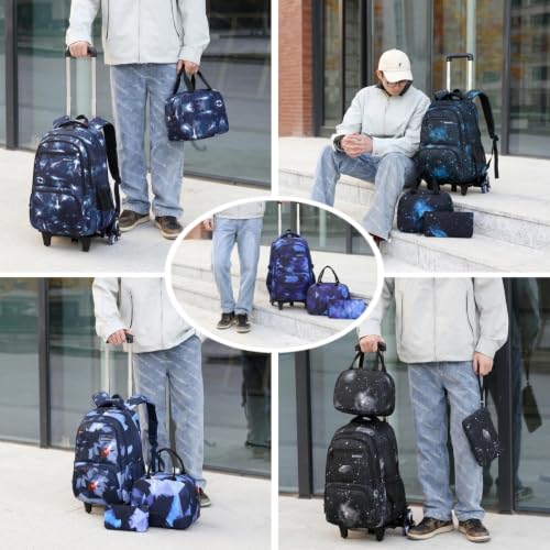 Mildame Geometric Print Rolling Backpack for School Boys Girls with Lunch Bag Teens Bookbag with Wheels Kids Trolley Bag Set, Six Wheels - color: Blue Set-6 Wheels