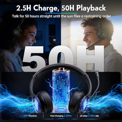 Wireless Headset with Mic for Work, Dual-Mode Bluetooth & 2.4GHz Dongle, 50H Talk Time, Headphone with mic ENC Noise Cancelling fit for Teams/Zoom, Glasses-Friendly - color: Black