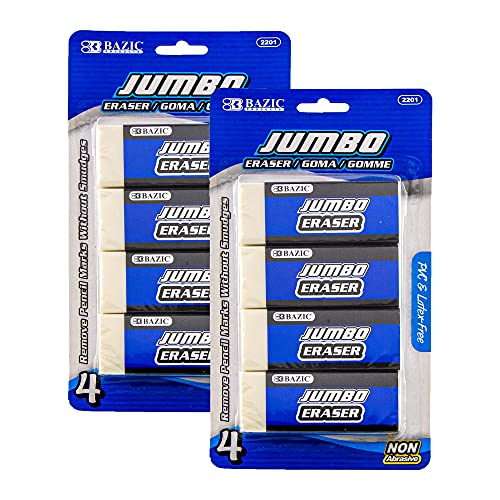 BAZIC Products Jumbo Block Erasers, Latex-Free, PVC-Free, 4 Count, 2-Pack | latex-free and PVC-free, large jumbo block erasers, Clean erase, minimal crumbs, school, art, home - size: 2-Pack