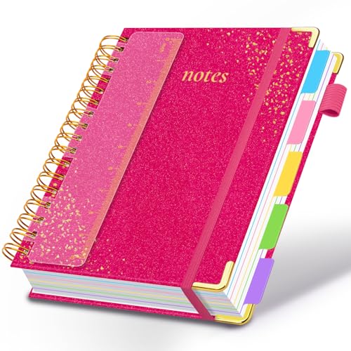 Hardcover Spiral Notebook with Removable Dividers & Tabs, 8.5"x11" 5 Subject Notebooks for Work, 300 Pages College Ruled Notebook, A4 Sparkle Lined Journal for Women Girls Note-Taking (Rose Red) - color: Rose Red, size: 8.5''x 11''