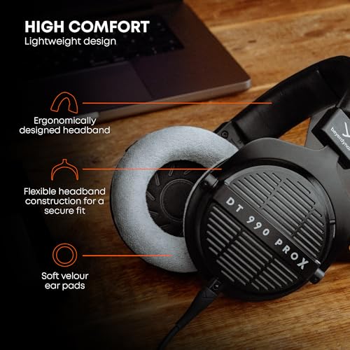 beyerdynamic DT 990 Pro X 48옴 유선 오버이어, 오픈 백 전문 녹음 스튜디오 모니터 헤드폰, 믹싱, 편집, 중요 청취, DJ 스테레오 헤드셋, 독일산, 블랙, 그레이