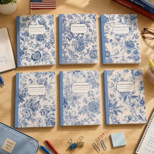 Harloon 6 Pack Composition Notebooks College Ruled Bulk Vintage Blue Flower Composition Notebook 110 Page 7-1/2" x 9-3/4" Journal Back to School Gift for Teacher Student Office First Day of School - style: Blue Flowers