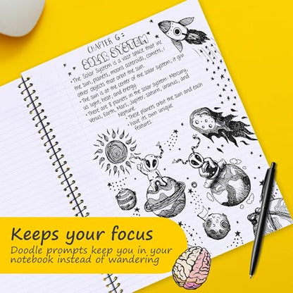 DoodleWrite Wide Ruled Spiral Notebooks, Student School Notebook with Doodle Prompts for Focus & Creativity, Perforated 3-Hole Punched Pages, 8" x 10.5" 50 Sheets, Bulk 24 Pack - size: Wide Rule (Pack of 24), style: 24 Pack